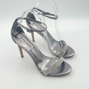 Steve Madden Stecy Silver Rhinestrone Heels Sz 8 Strappy Sandals LN